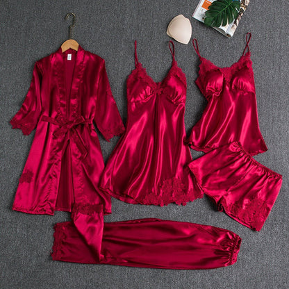 Luxe Zijdezachte Dames Pyjamaset 5-Delig voor Slapen, Loungen en Valentijn