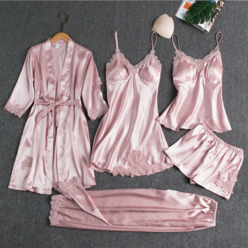 Luxe Zijdezachte Dames Pyjamaset 5-Delig voor Slapen, Loungen en Valentijn