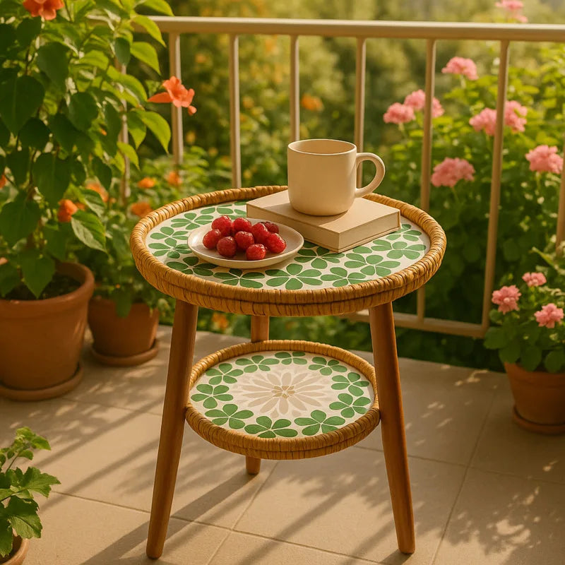 Dubbel Bijzettafeltje met Artistiek Mozaïekpatroon - Rotan & Hout