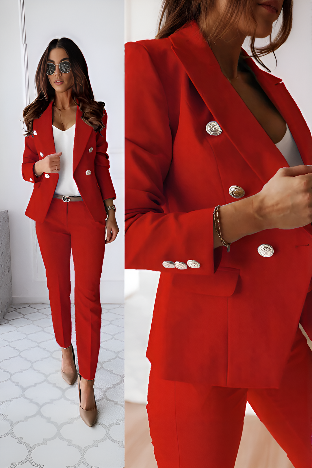 PowerForm Blazer & Broek Set met Dubbele Knopenrij en Rechte Pantalon