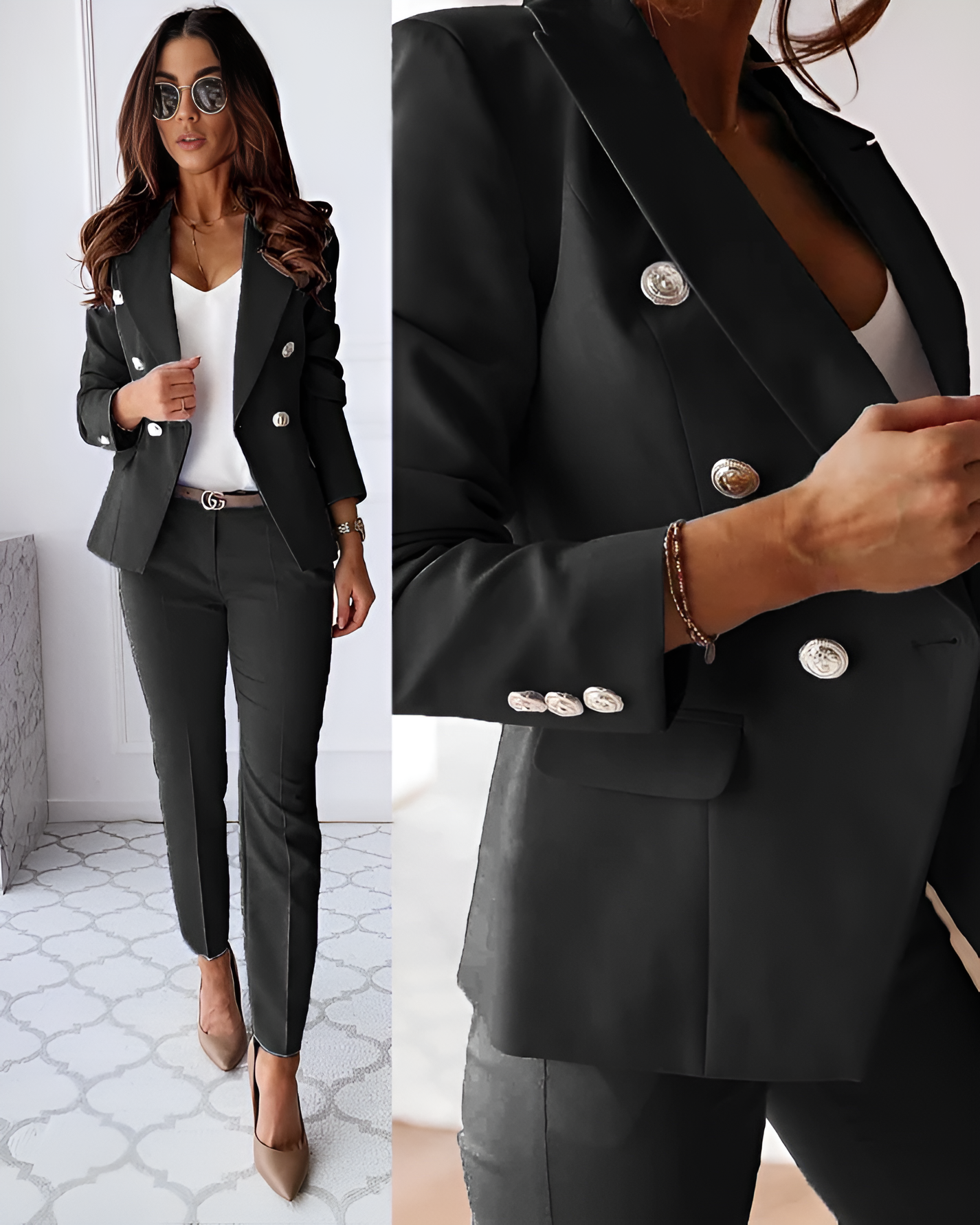 PowerForm Blazer & Broek Set met Dubbele Knopenrij en Rechte Pantalon