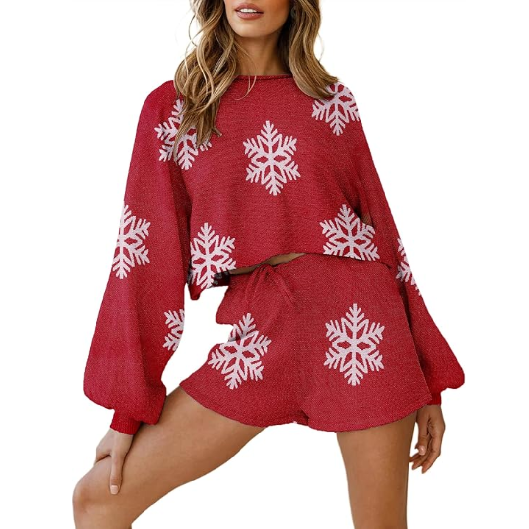 Ensemble Pyjama WinterWeef Noël – Tenue Lounge Tricotée avec Motif Flocon de Neige
