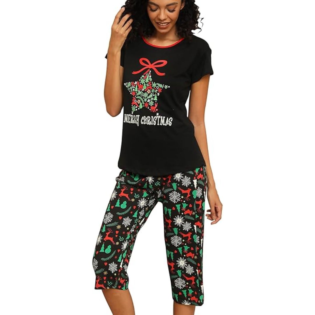 KatoenLounge Dames Pyjama Set – Ademende Capri Nachtkleding met Korte Mouw