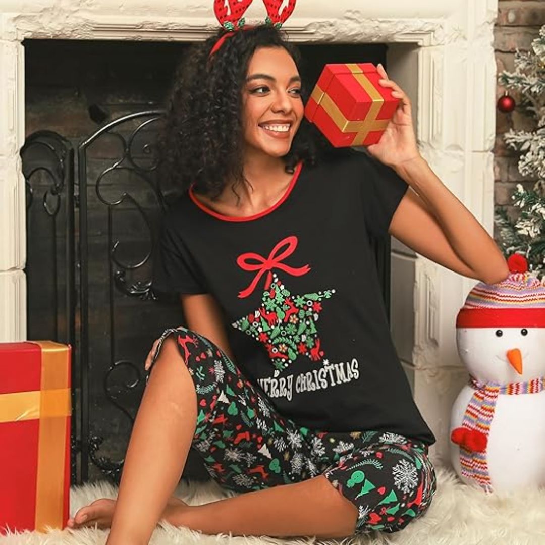 KatoenLounge Dames Pyjama Set – Ademende Capri Nachtkleding met Korte Mouw