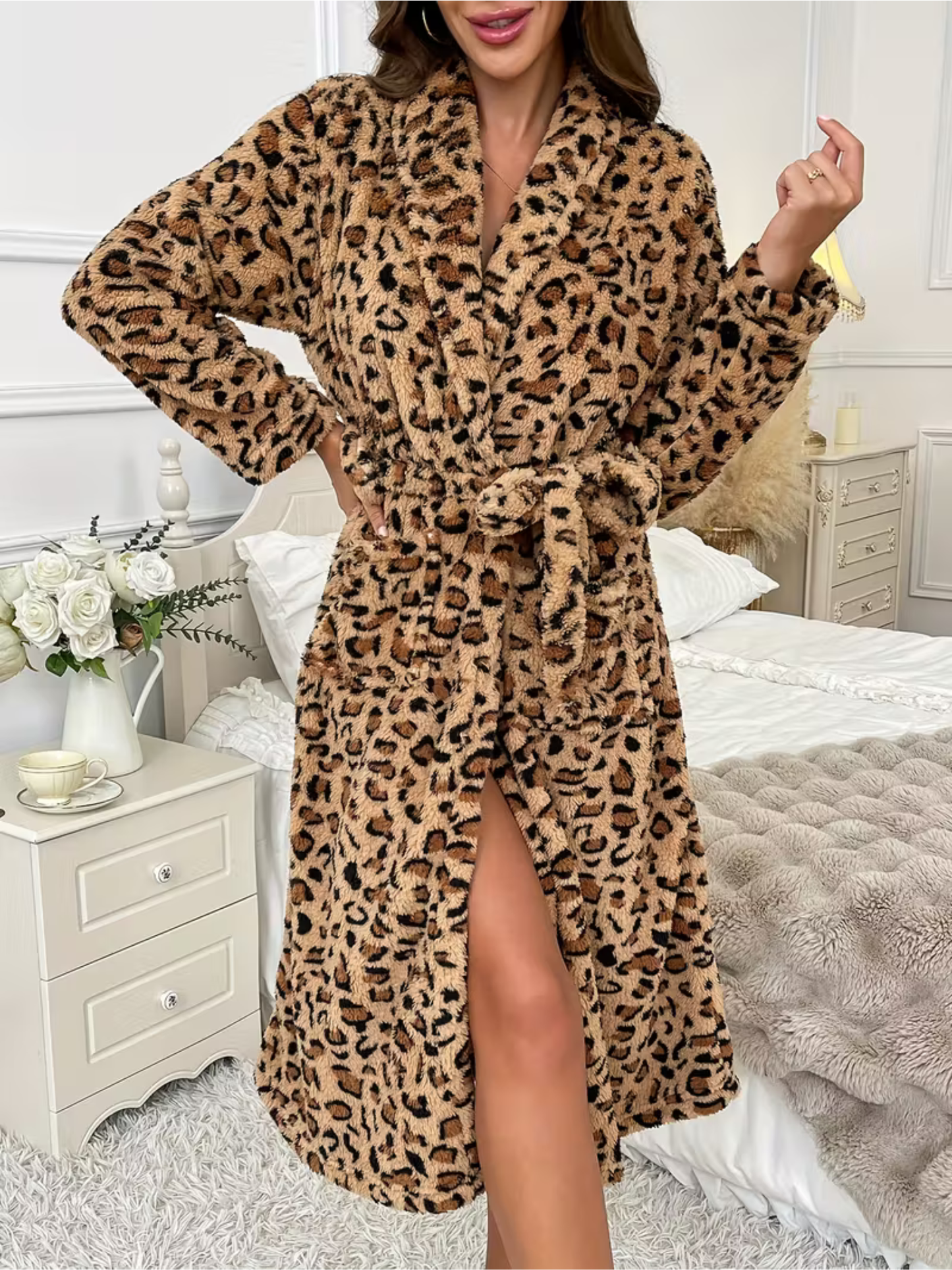 Soft Leopard House Cardigan with Belt and V-Neck for Women