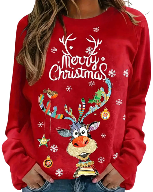 Feestelijke Dames Kersttrui met Rendierprint – Comfortabele Ronde Hals