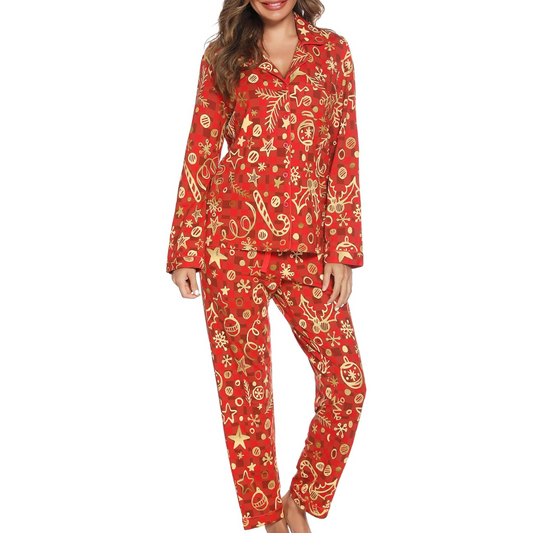CozyCharm Kerst Pyjama Set – Zachte Dames Lounge Outfit met Knoopsluiting