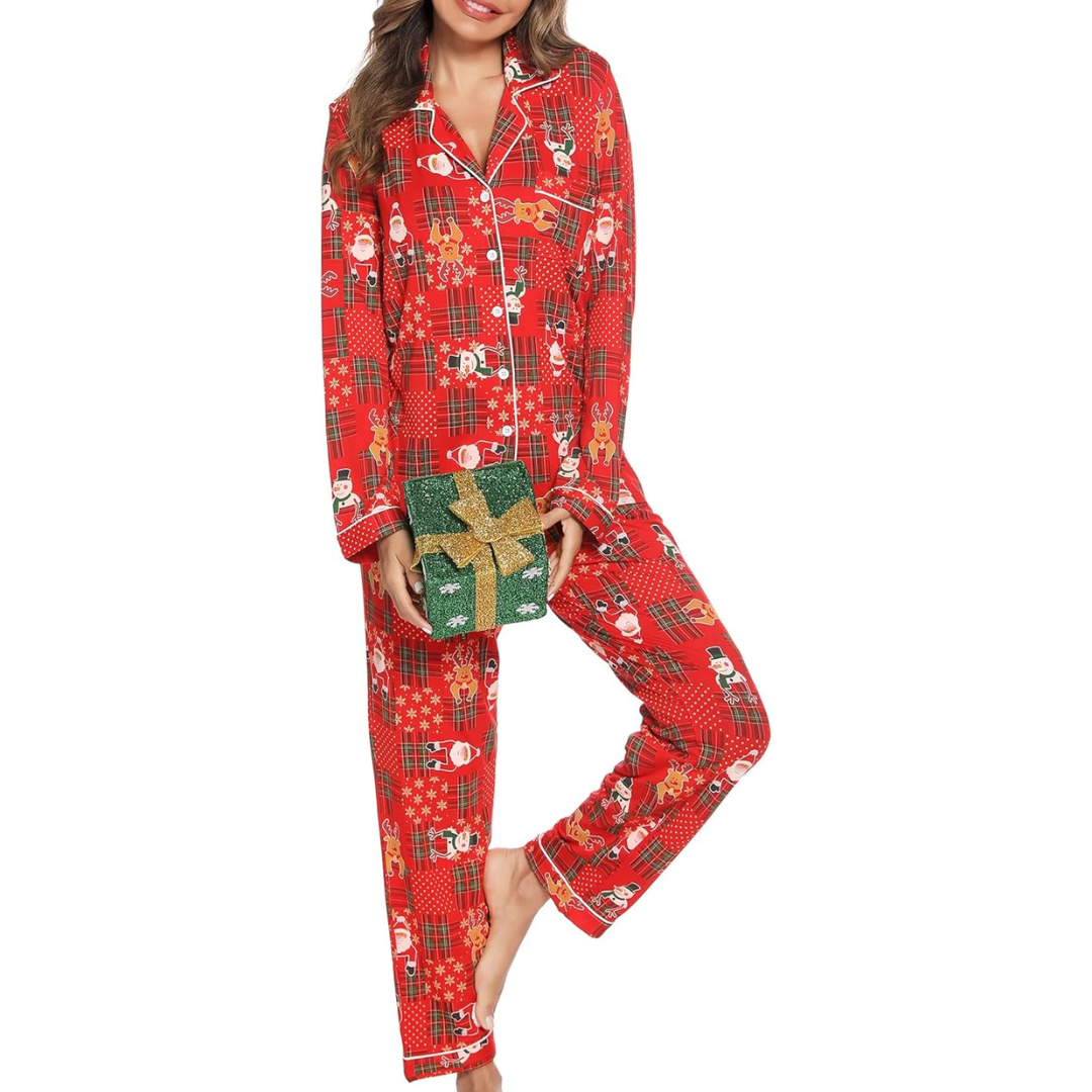 CozyCharm Kerst Pyjama Set – Zachte Dames Lounge Outfit met Knoopsluiting
