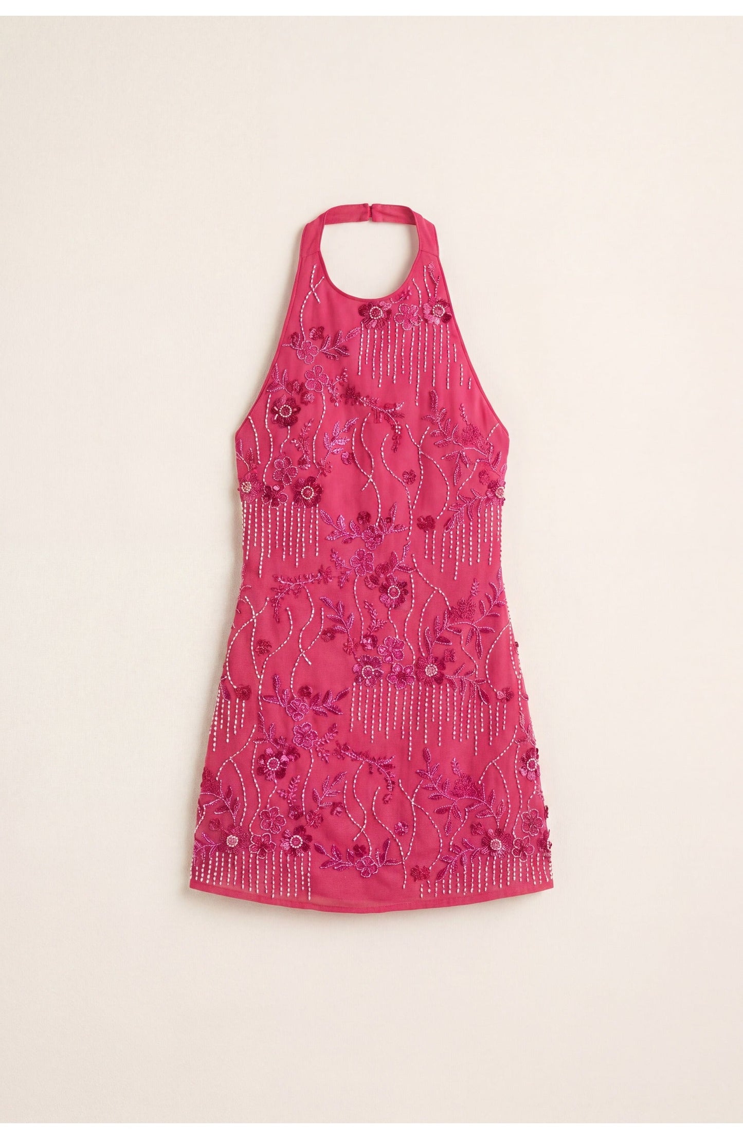 FringeGlow Mini Jurk met Halternek en Gelaagde Franjes
