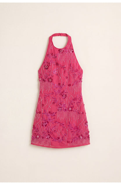 FringeGlow Mini Jurk met Halternek en Gelaagde Franjes