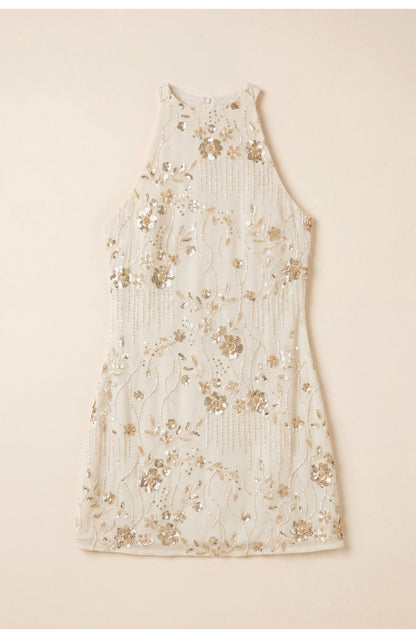 FringeGlow Mini Jurk met Halternek en Gelaagde Franjes