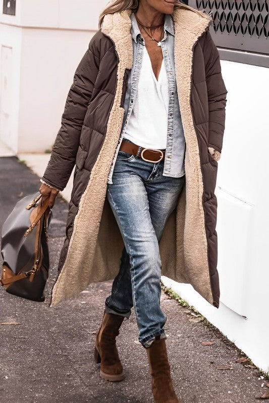 Lange Dames Winterjas Marlina – Dubbelzijdige Warme Mantel met Teddyvoering
