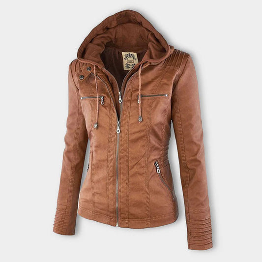 Trendy Dames Leren Jas Alesund – Zwarte PU Jas met Capuchon en Rits