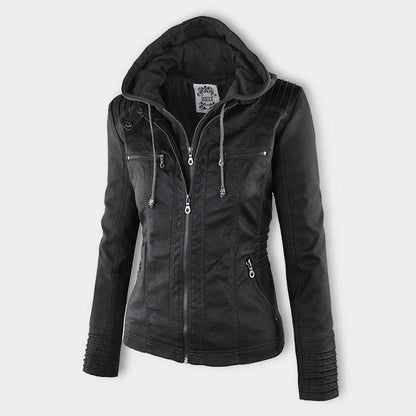 Trendy Dames Leren Jas Alesund – Zwarte PU Jas met Capuchon en Rits