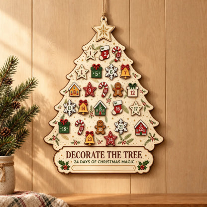 Houten wandadventskalender met 24 afneembare decoraties - 30 cm