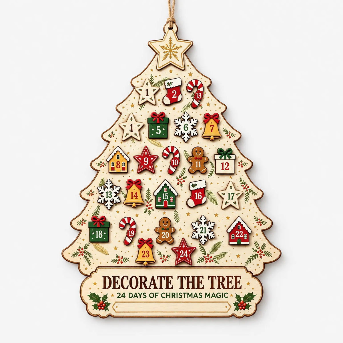 Houten wandadventskalender met 24 afneembare decoraties - 30 cm