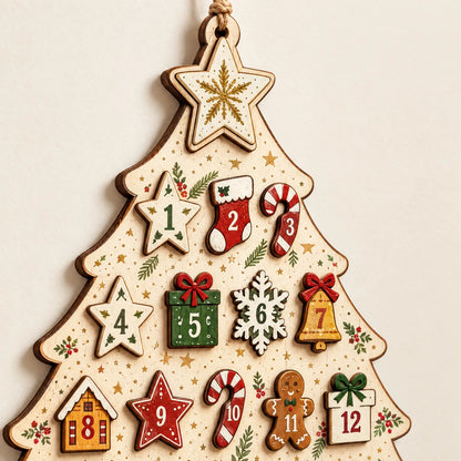 Houten wandadventskalender met 24 afneembare decoraties - 30 cm