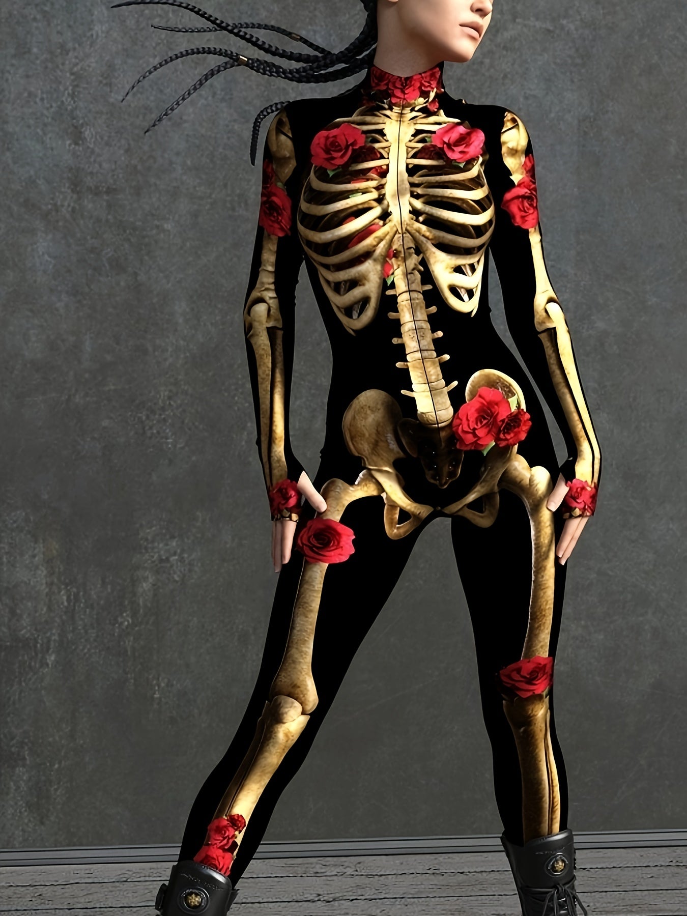 NightRose Halloween Skeletten Jumpsuit – Vrouwen Kostuum met Rozenaccenten