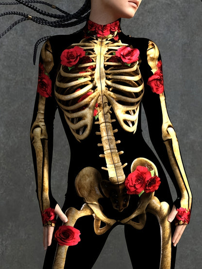 NightRose Halloween Skeletten Jumpsuit – Vrouwen Kostuum met Rozenaccenten