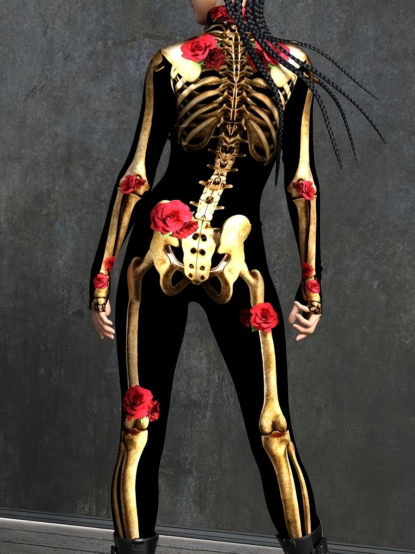 NightRose Halloween Skeletten Jumpsuit – Vrouwen Kostuum met Rozenaccenten