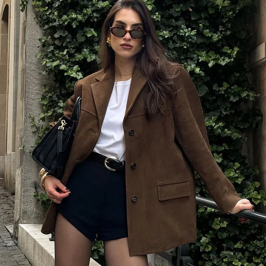 Suède Elegance Dames Jas – Vintage Bruin Leren Demi-Seizoen Look