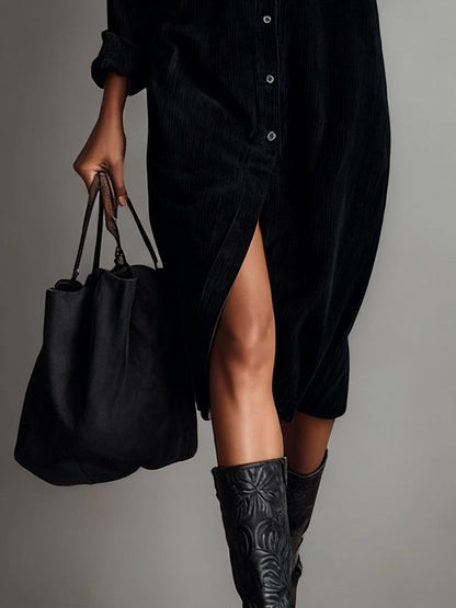 Dames Corduroy Midi Jurk met Knoopsluiting en Borstzakken