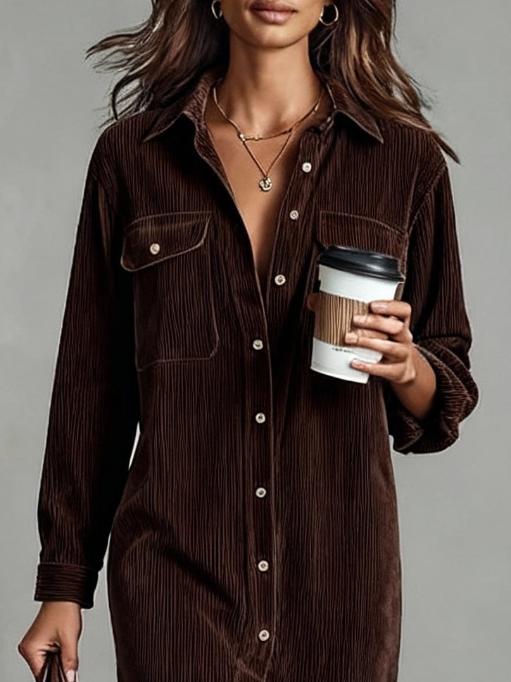 Dames Corduroy Midi Jurk met Knoopsluiting en Borstzakken