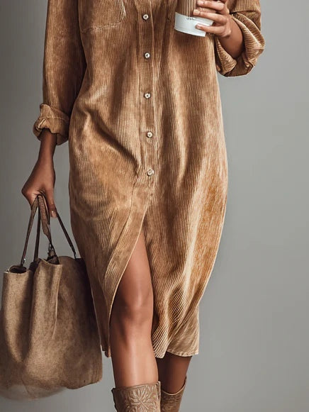 Dames Corduroy Midi Jurk met Knoopsluiting en Borstzakken