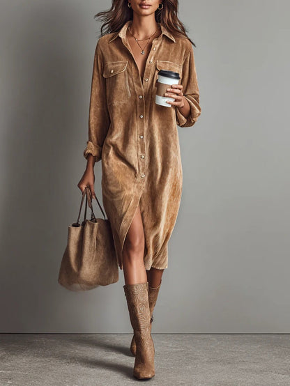 Dames Corduroy Midi Jurk met Knoopsluiting en Borstzakken