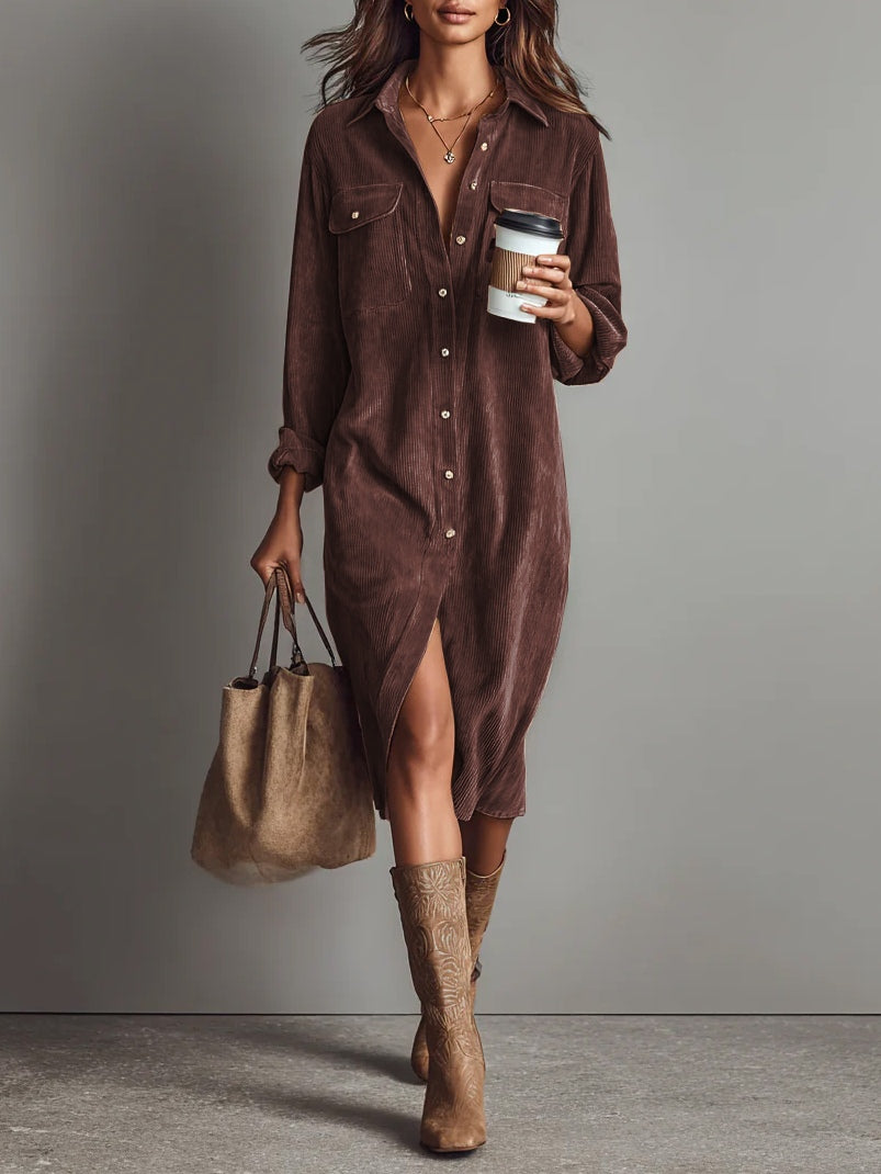 Dames Corduroy Midi Jurk met Knoopsluiting en Borstzakken