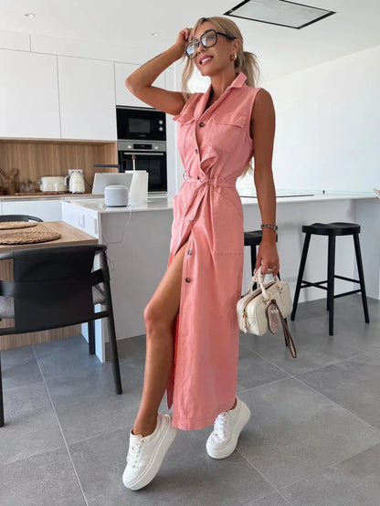 Dames Mouwloze Denim Jurk met Doorknoopsluiting Zomer