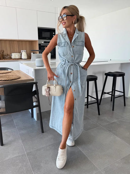 Dames Mouwloze Denim Jurk met Doorknoopsluiting Zomer
