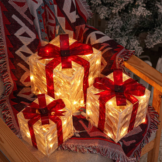 Feestelijke LED Geschenkdozen Set – 3 Verlichte Dozen voor Kerstdecoratie