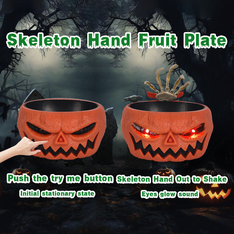 Halloween Snoepschaal – Motion Sensor Pompoen Kom met Skelettenhand en Rode Lichteffecten