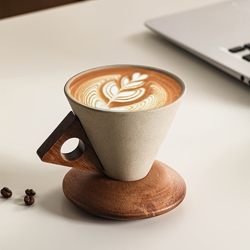 BaristaLuxe Keramische Koffiekop 250ml – Handgemaakt met Houten Handgreep en Onderzetter