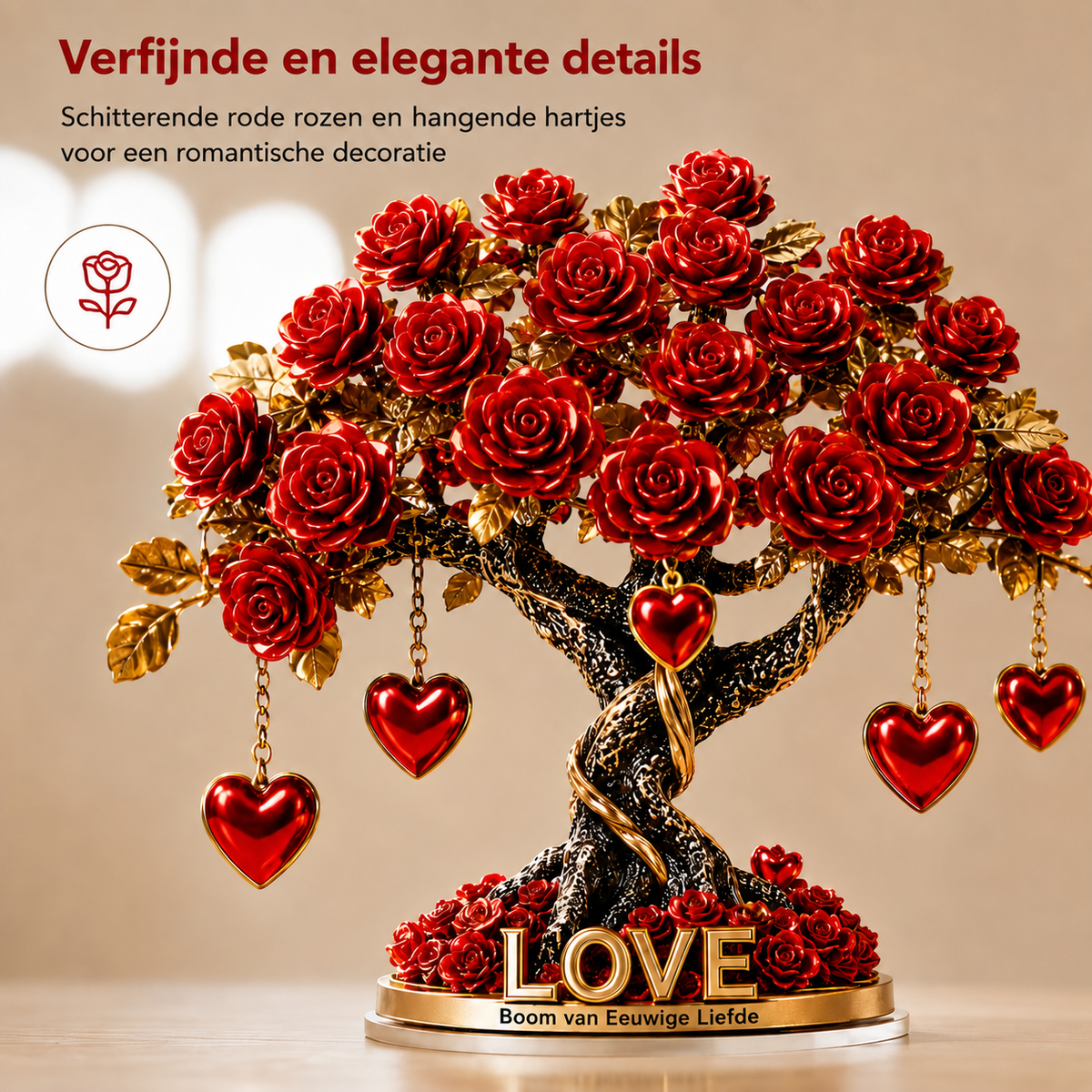 Kristallen Rozenboom Hartdecoratie met Gouden Basis – Romantische 2D Acryl Decoratie