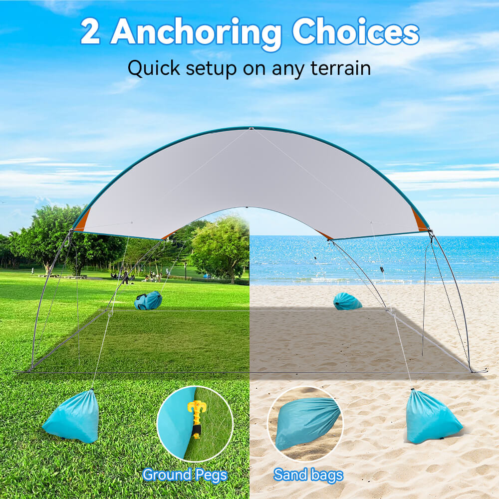 SolShade lichtgewicht zonneschuilplaats met UPF 50 en zandverankering – draagbaar en windbestendig