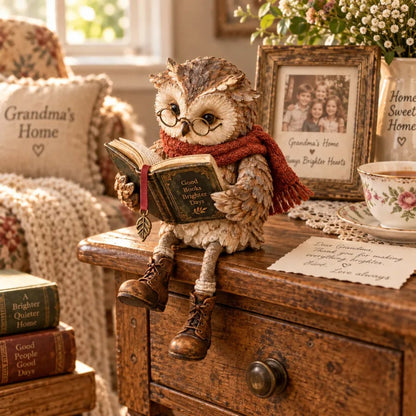 Leesende uil met bril en boek - Decoratieve figuur voor boekenliefhebbers