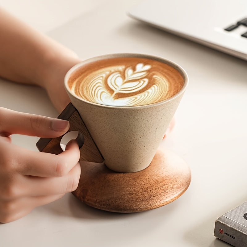 BaristaLuxe Keramische Koffiekop 250ml – Handgemaakt met Houten Handgreep en Onderzetter