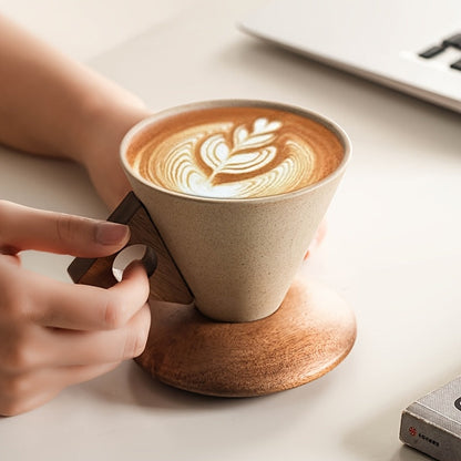 BaristaLuxe Keramische Koffiekop 250ml – Handgemaakt met Houten Handgreep en Onderzetter