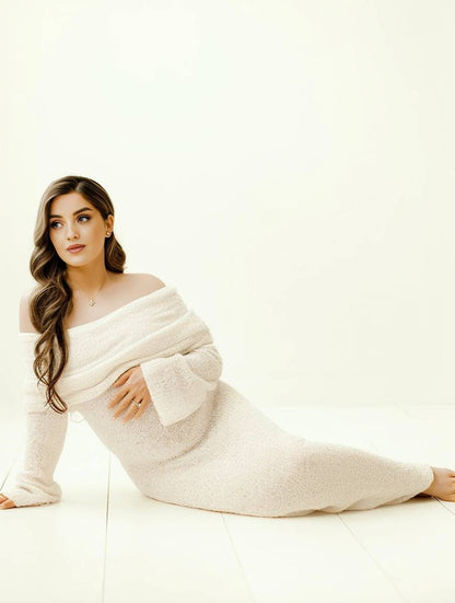 Off-Shoulder Zwangerschapsjurk met Lange Mouwen en Comfort
