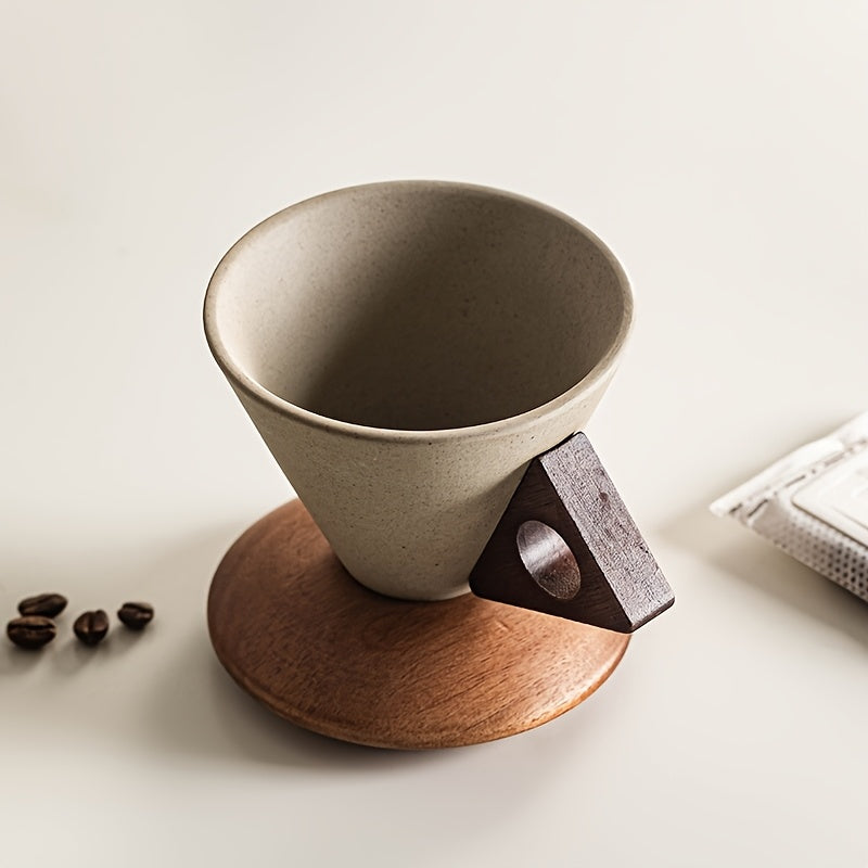 BaristaLuxe Keramische Koffiekop 250ml – Handgemaakt met Houten Handgreep en Onderzetter