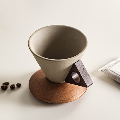 BaristaLuxe Keramische Koffiekop 250ml – Handgemaakt met Houten Handgreep en Onderzetter