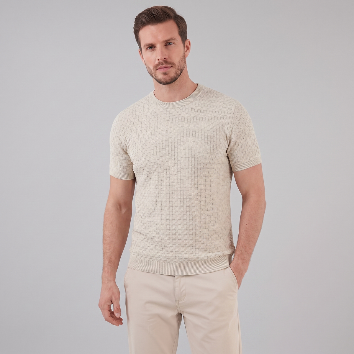 Gestructureerd Basketweave Herenshirt - Ronde Hals Zomer
