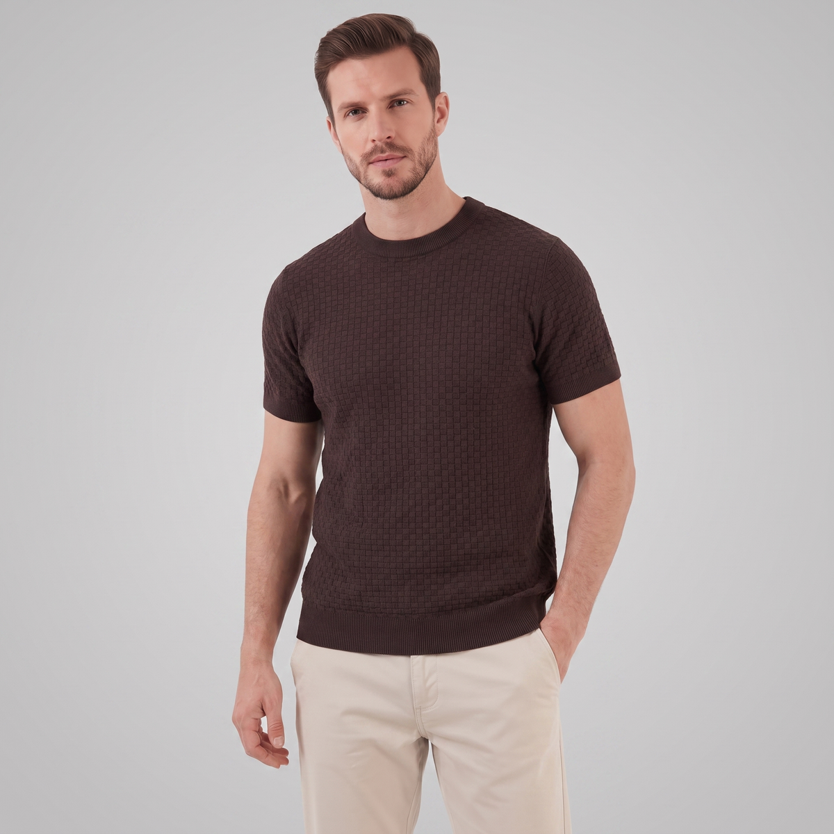 Gestructureerd Basketweave Herenshirt - Ronde Hals Zomer