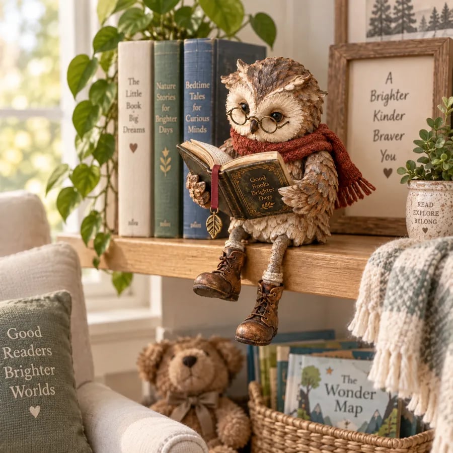 Leesende uil met bril en boek - Decoratieve figuur voor boekenliefhebbers