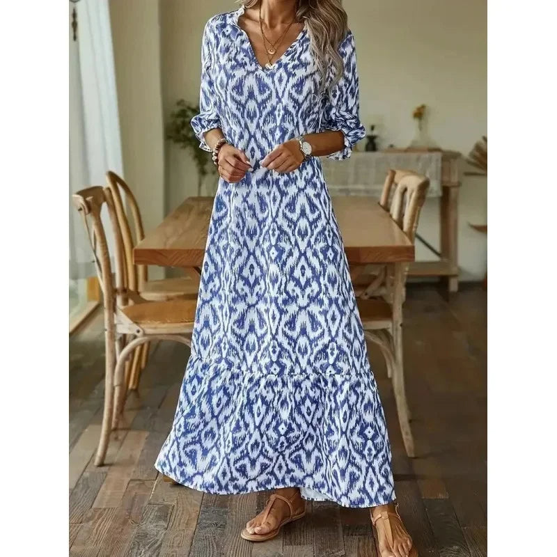 BreezeLuxe Flowy Zomerjurk met V-Hals en Opgerolde Mouwen
