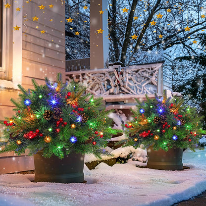 Kerst urn decoratie met LED-lampen | Realistische den takken & bessen | Binnen- en buitengebruik