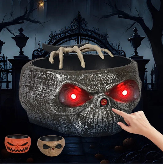 Halloween Snoepschaal – Motion Sensor Pompoen Kom met Skelettenhand en Rode Lichteffecten