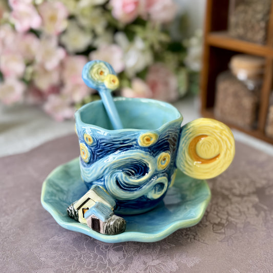 ArtSip Keramische Kop & Schotel Set – Handgeschilderd 3D Design geïnspireerd op Van Gogh